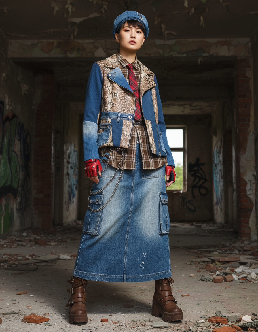 Giacca Biker in Denim Riciclato e Nappa con Stampa Pitonato