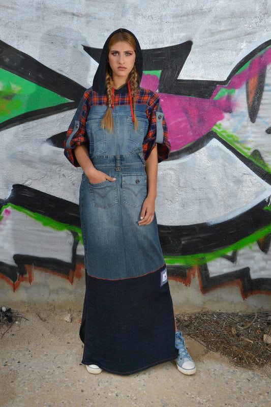 Abito Kaftano in Denim e Fantasia Tartan
