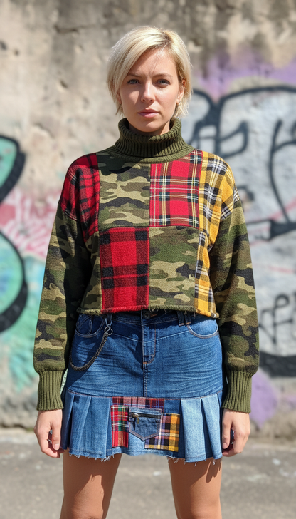 Gonna Denim a Pieghe con inserti Tartan