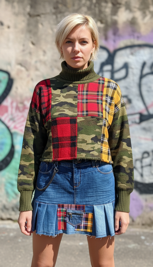 Gonna Denim a Pieghe con inserti Tartan