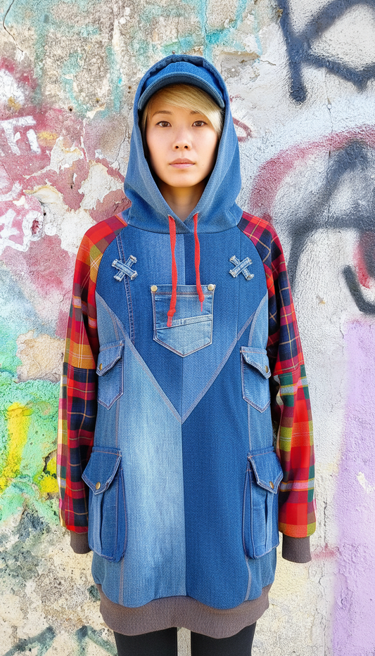 Felpa Lunga Unisex in Denim Riciclato con Maniche in Tartan e Dettagli Artistici