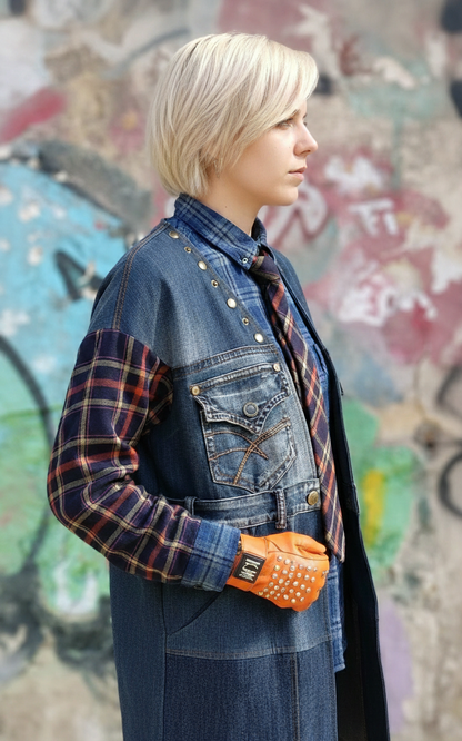 Spolverino in Denim Riciclato con Maniche in Tartan e Dettagli Artistici