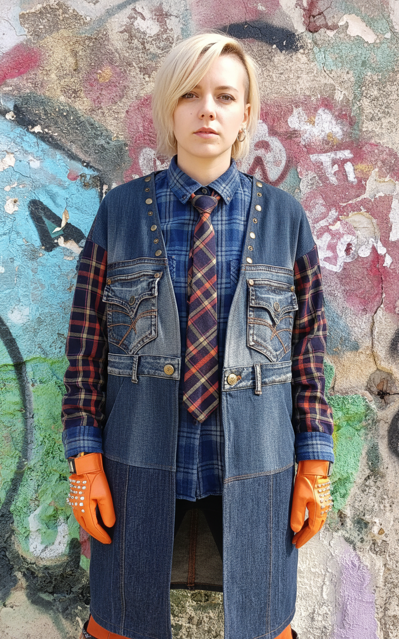 Spolverino in Denim Riciclato con Maniche in Tartan e Dettagli Artistici