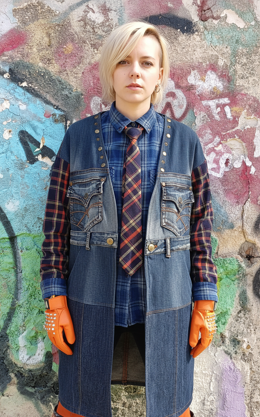 Spolverino in Denim Riciclato con Maniche in Tartan e Dettagli Artistici