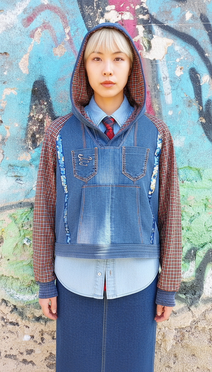 Felpa Corta da Donna in Denim Riciclato con Maniche in Tartan
