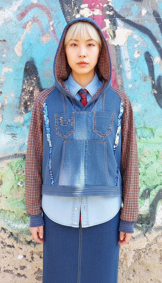 Felpa Corta da Donna in Denim Riciclato con Maniche in Tartan