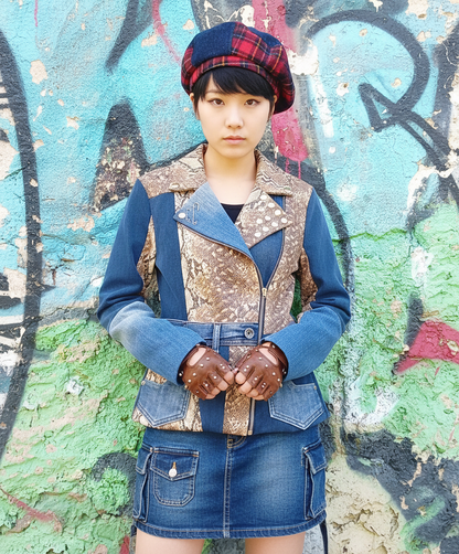Giacca Biker in Denim Riciclato e Nappa con Stampa Pitonato