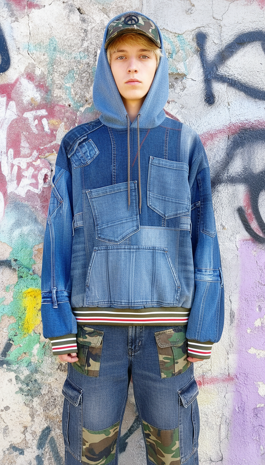 Felpa Unisex in Denim Riciclato con Dettagli Mimetici