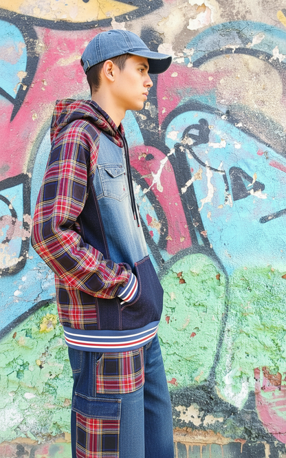 Felpa Unisex in Denim Riciclato e Tartan