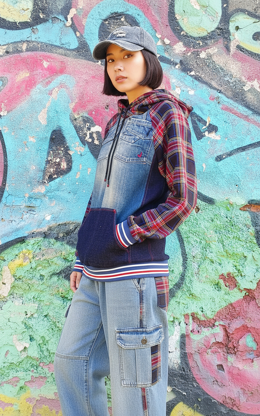 Felpa Unisex in Denim Riciclato e Tartan