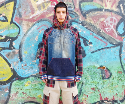 Felpa Unisex in Denim Riciclato e Tartan