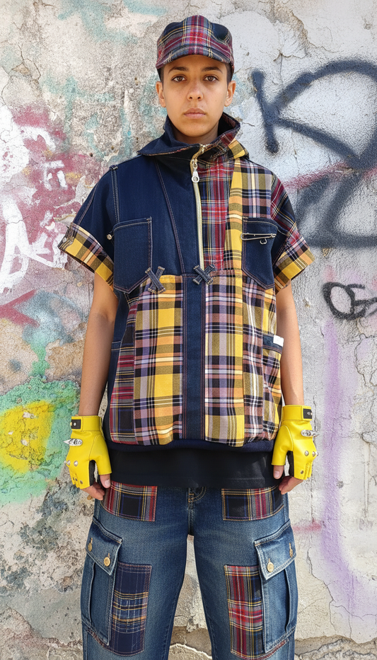 Felpa Unisex Smanicata in Patchwork di Denim Riciclato
