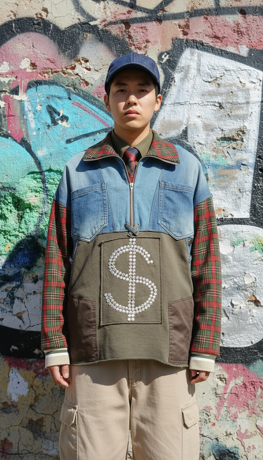Felpa Unisex in Tartan e Denim Riciclato