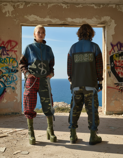 Felpa Unisex in Tartan e Denim Riciclato