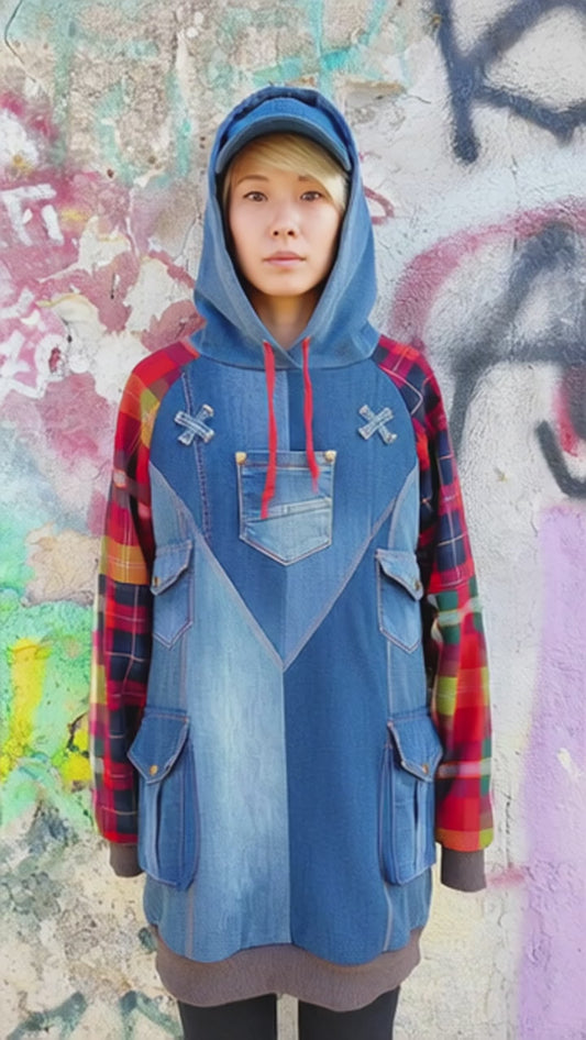 Felpa Lunga Unisex in Denim Riciclato con Maniche in Tartan e Dettagli Artistici