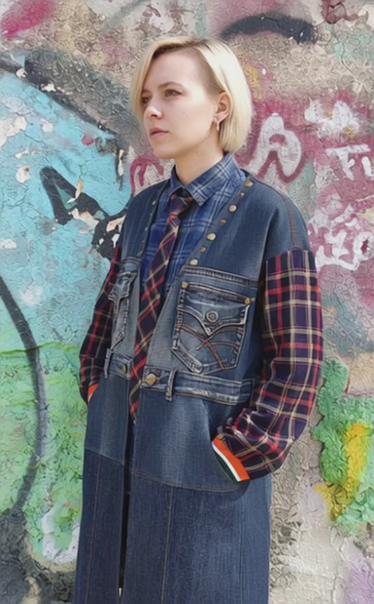 Spolverino in Denim Riciclato con Maniche in Tartan e Dettagli Artistici