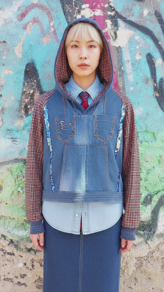Felpa Corta da Donna in Denim Riciclato con Maniche in Tartan