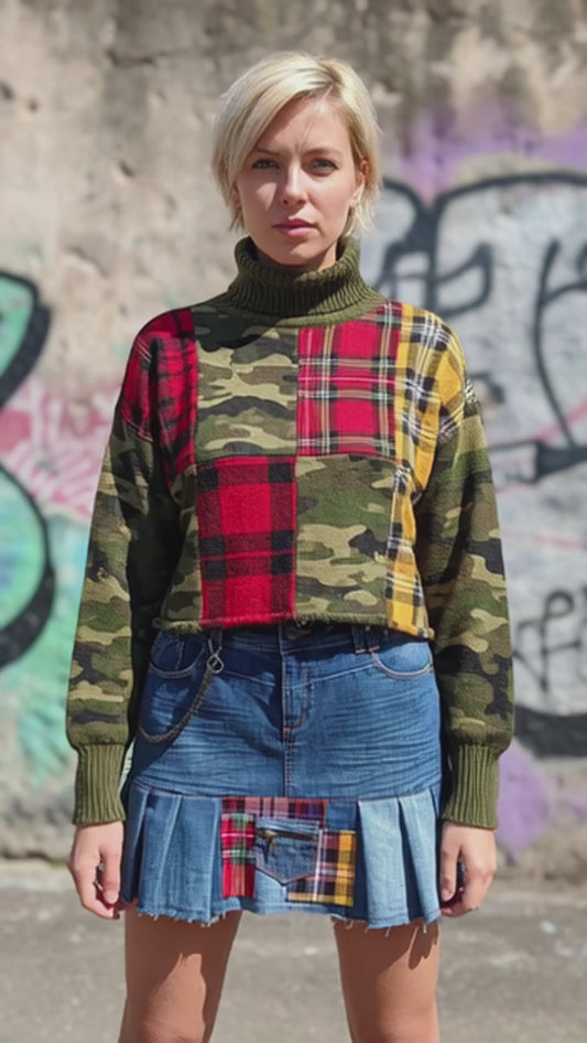 Gonna Denim a Pieghe con inserti Tartan