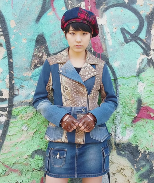 Giacca Biker in Denim Riciclato e Nappa con Stampa Pitonato